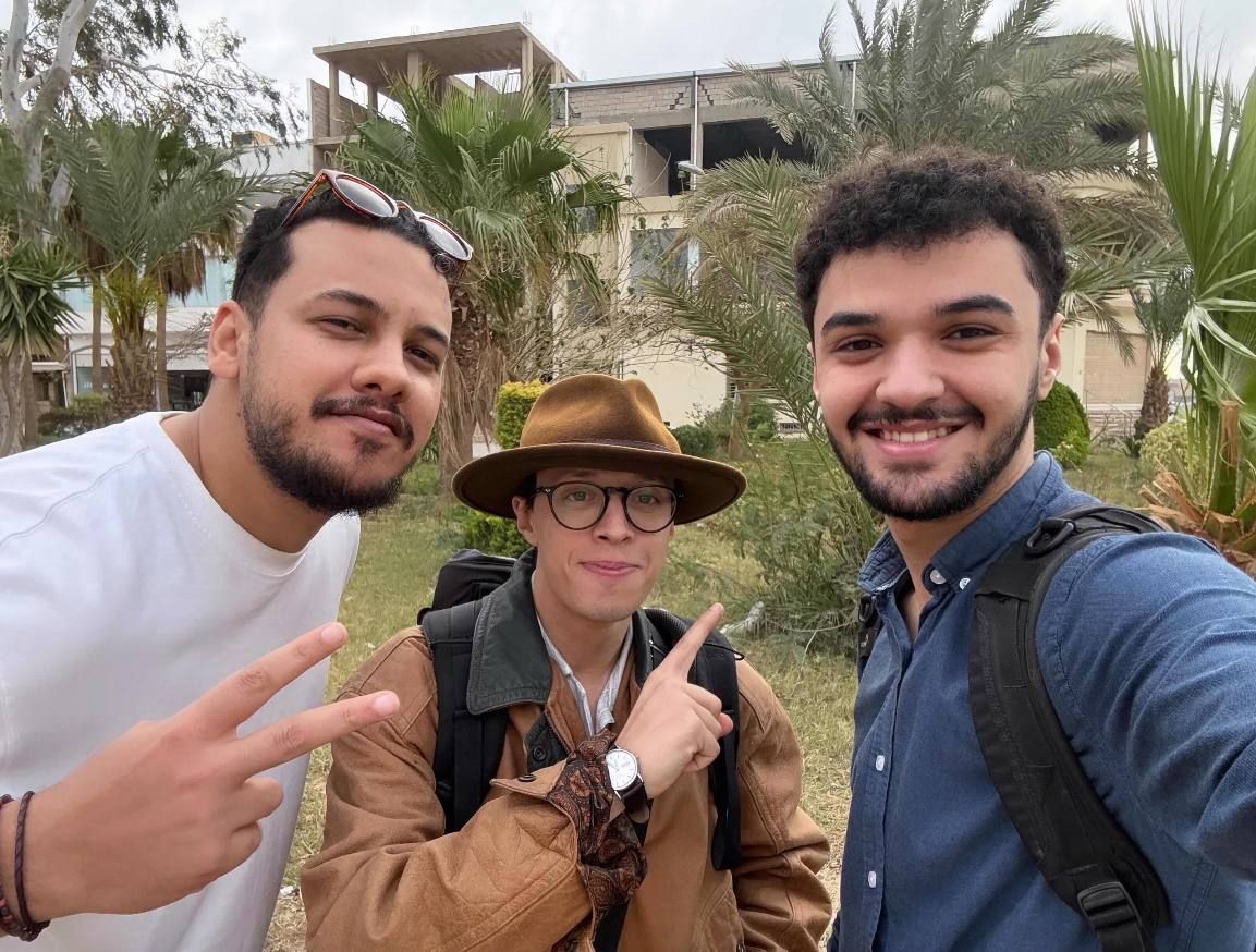 Mohammed with the actor in an Indiana Jones hat and the DOP
